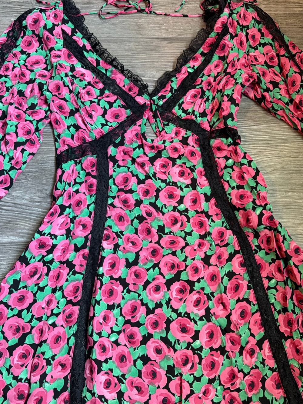 For Love & Lemons Black Floral Lace-Trim Mini Dress with Pink & Green Print - Picture 5 of 5